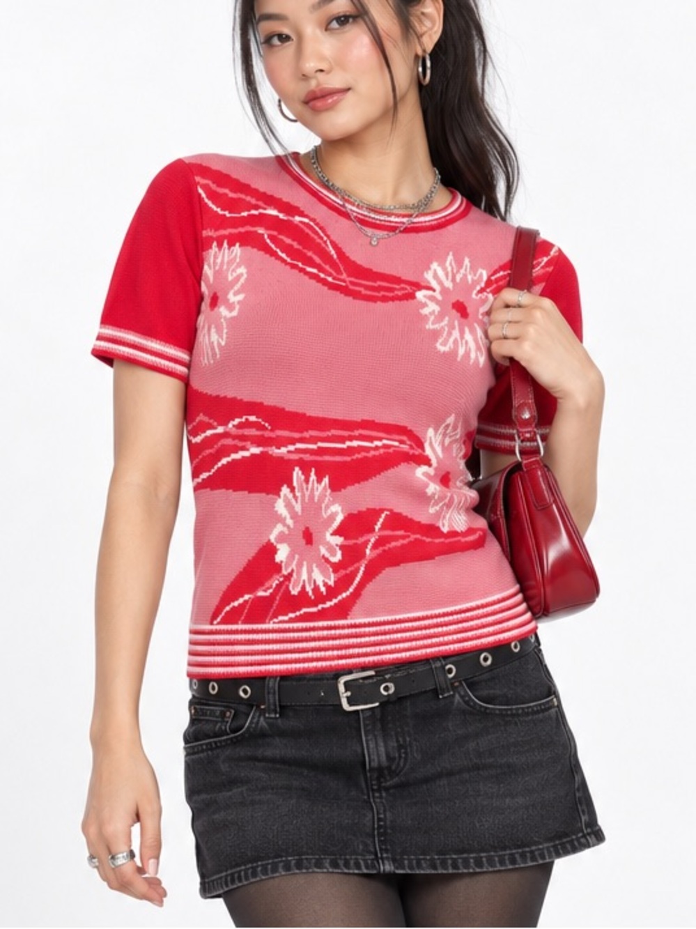 Hot Sense Vintage Y2K Korean Floral Knit Top Red White Small